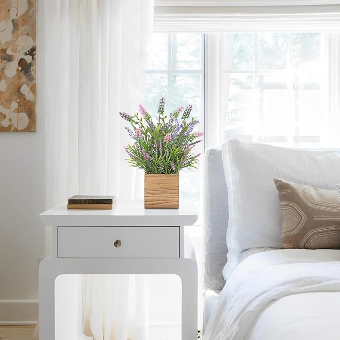 DILATATA Rustic Lavender Flowers Artificial Lavender Decor Fake Lavender Plant in Wooden Pot Faux Plants for Home Bathroom Table Centerpieces Wedding Decor Potted Lavender Flower Purple Decor