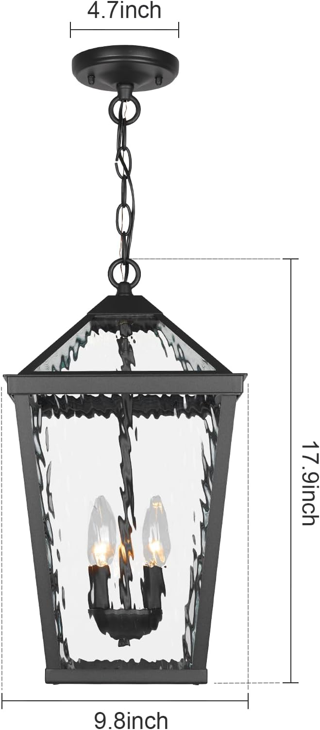 Treekee Outdoor Pendant Light, Modern Black Hanging Lantern Light for Front Porch, Adjustable Exterior Chandelier Fixture with E12 Sockets & Water Ripple Glass for Patio, Entryway, Garage, Gazebo