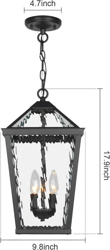 Treekee Outdoor Pendant Light, Modern Black Hanging Lantern Light for Front Porch, Adjustable Exterior Chandelier Fixture with E12 Sockets & Water Ripple Glass for Patio, Entryway, Garage, Gazebo