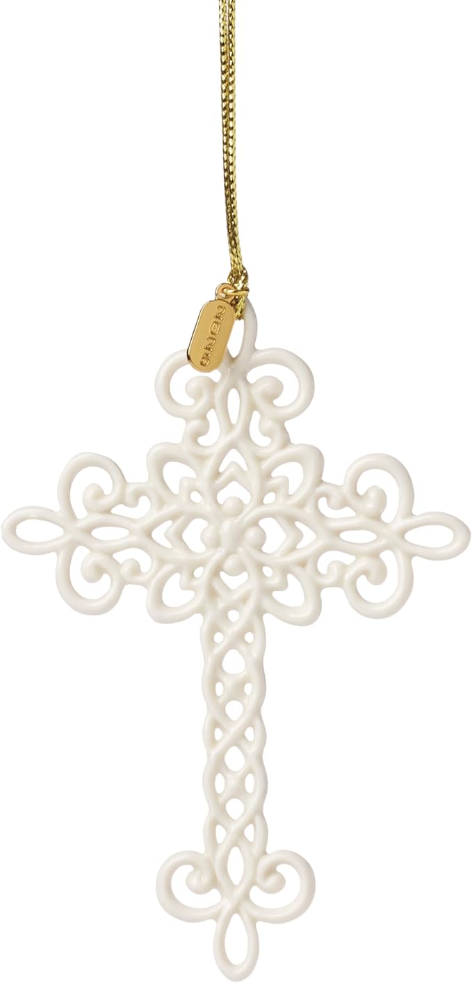 Lenox Ornament, 2025 Snow Fantasies Cross Ornament, Made from Porcelain with Gold Cord for Hanging, Christmas Tree Decorations, Winter Decorations, Christmas Decor, Cross Design (White, 1 Piece)