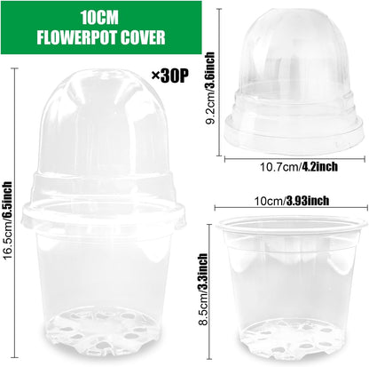 Transparent Nursery Pots 4Inch with Humidity Domes for Seeds Starting, Clear Plastic Plant Pots with Drainage Holes (4Inch, 30Pcs,Clear Pots with Lids)