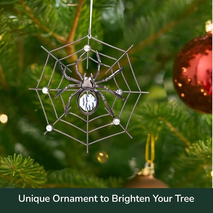 Matashi Black Spider Hanging Ornament for Christmas Tree w Blue, Clear Crystals –Lucky Spider Web Decoration for Tree, Seasonal Decor Holiday Hanging Ornament Gift Inspired by Christmas Spider Legend