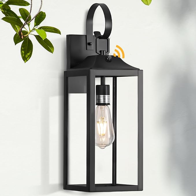 Black Dusk to Dawn Outdoor Wall Lantern, 19" Large Outside Modern Wall Sconce Light Fixture, Farmhouse Porch Light Waterproof for House