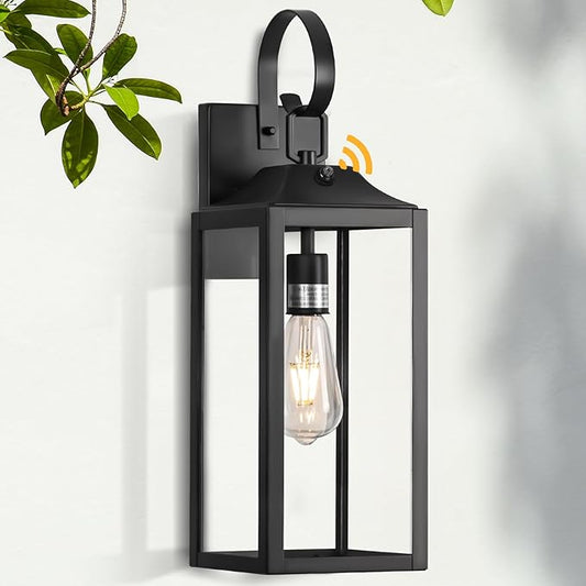 Black Dusk to Dawn Outdoor Wall Lantern, 19" Large Outside Modern Wall Sconce Light Fixture, Farmhouse Porch Light Waterproof for House