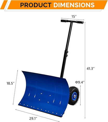 TUFFIOM Snow Pusher Shovel for Driveway with Wheels, 29"/39" Wide Heavy Duty Push Snow Plow Shovel, Wheeled Rolling Snow Shovels for Removal Adjustable Angle & Height Handle (Klein Blue(29 inch))