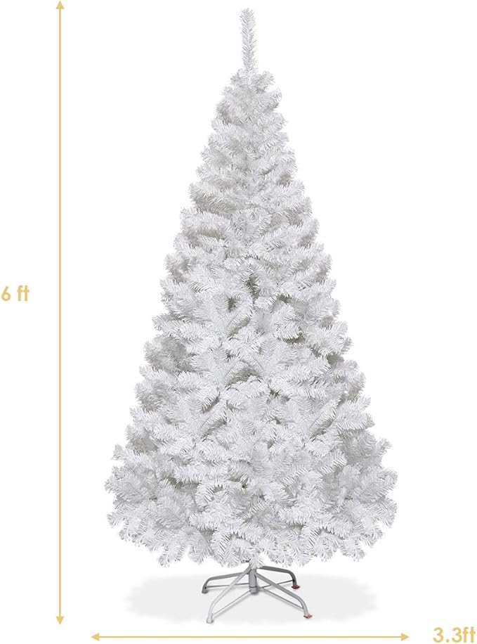 HAPPYGRILL 6FT Unlit White Artificial Christmas Tree with Solid Metal Stand, PVC Material 650 Branches Xmas Tree