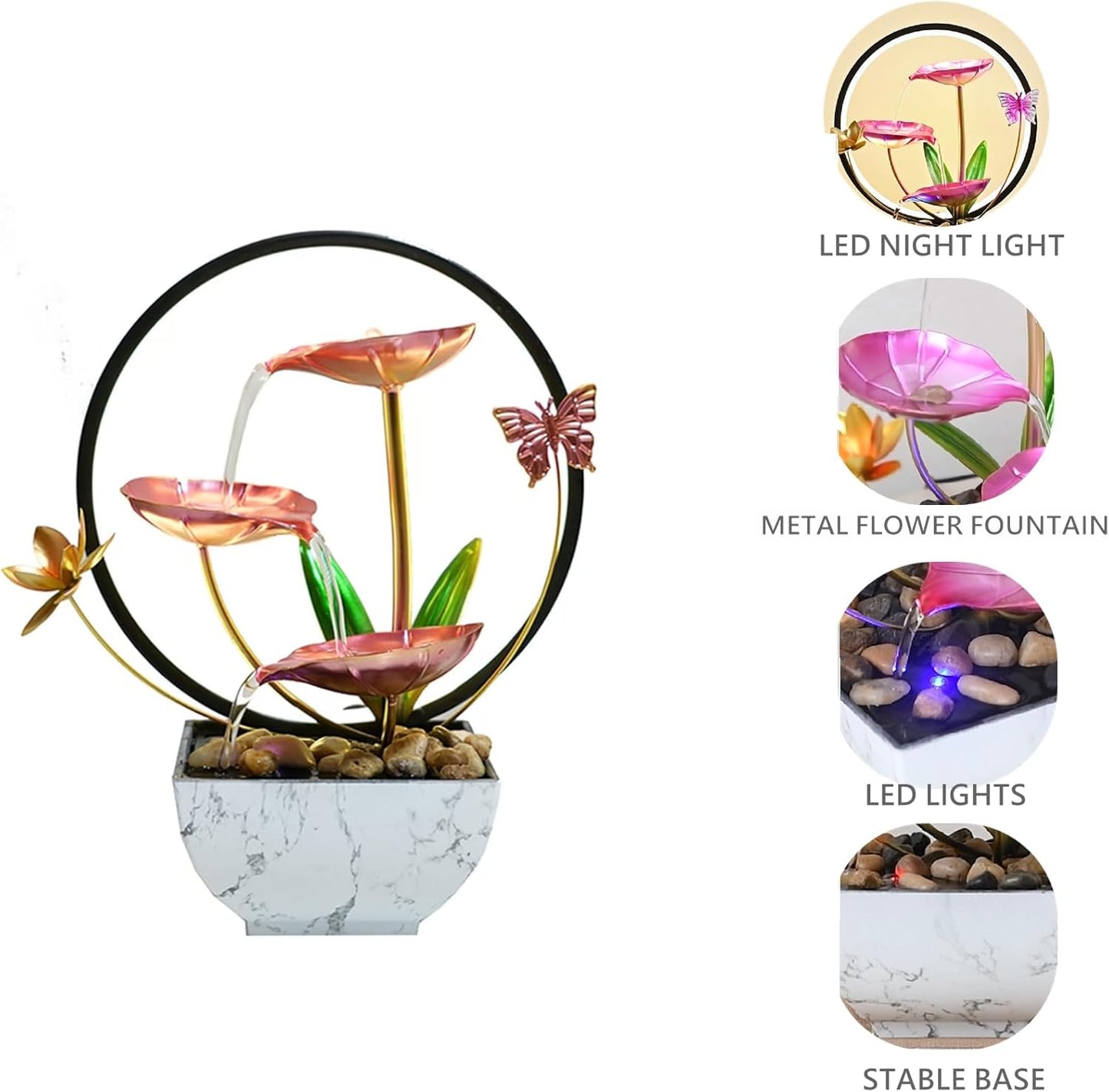 Pink Indoor Table Top Indoor Relaxation Water Fountain, Waterfall, Small Fountains with LED Lights Zen Meditation Fountains.