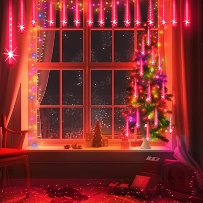Aukora Red Led Halloween Lights Outdoor, Christmas Lights Outside, 8 Tube Snow Falling Rain Icicle String Light for Xmas Tree Party Thanksgiving Day Garden Camp Wedding Decorations, UL Plug