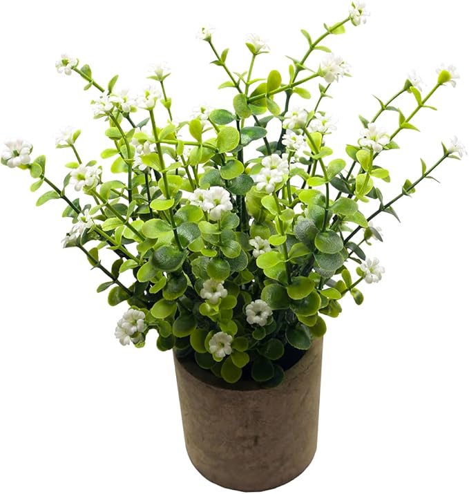 Artificial Mini Potted Plants Fake Plastic Milan Flower for Farmhouse Living Room Bathroom Office Desk Shelf Home Greenery Decoration (White)