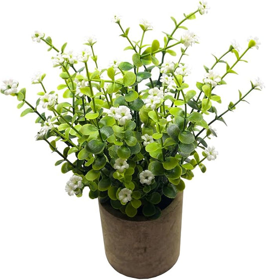 Artificial Mini Potted Plants Fake Plastic Milan Flower for Farmhouse Living Room Bathroom Office Desk Shelf Home Greenery Decoration (White)