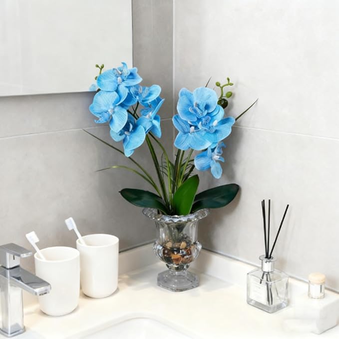 Jusdreen Artificial Blue Orchid in Glass Vase, Realistic Phalaenopsis Arrangement with Potting for Home Office Table Decor, 14.5 Inch Orchid Centerpiece
