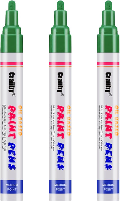 Green Paint Markers, 3 Pack Oil-Based Waterproof Quick Dry Permanent Paint Pen Set for Rocks Painting, Wood, Fabric, Plastic, Canvas, Glass, Mugs, Metal, Tire, Stone, DIY Craft