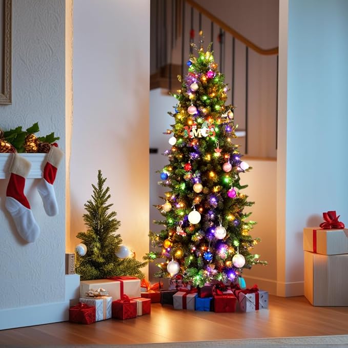 Himimi Pre-Lit Christmas Trees Slim Fraser Fir Artificial Tree with Multicolor LED Lights, Layered Brach Tips Noble Holiday Décor, Foldable Metal Stand & Protective Foot Caps, 6 Foot