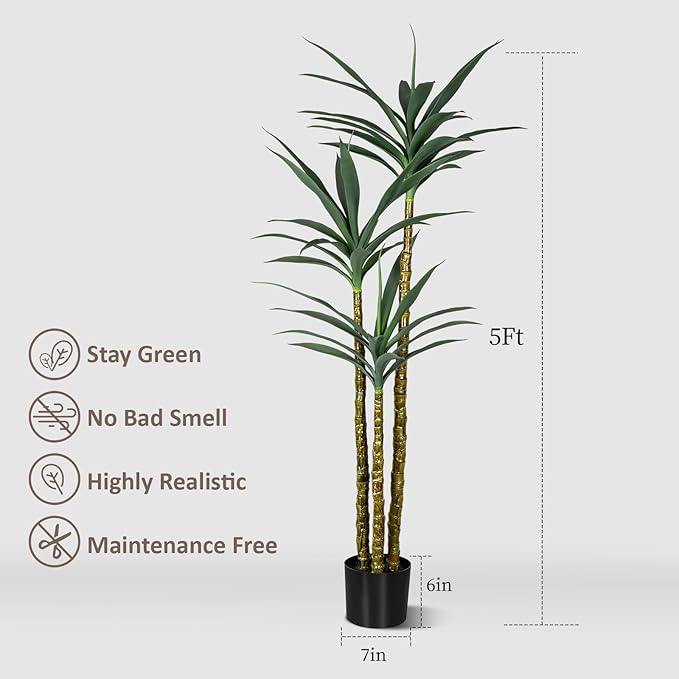 Artificial Agave Plant 5Ft Artificial Tree, Indoor Large Fake Plant 7 Head in Black Plastic Planter, 60in Faux Plants for Indoor or Outdoor Office Decoration Housewarming Green Tree