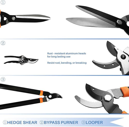 E&K Sunrise Set of 3 Pieces Garden Tree Tools for Lawn & Garden Care Garden Kit with Lopper, Hedge Shears and Pruner Shears, Tree & Shrub Care Kit