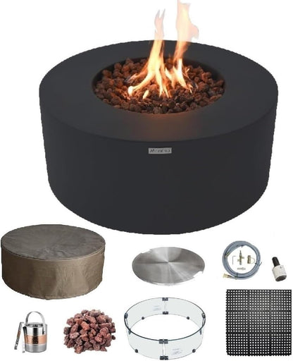 AMS Fireplace | Modeno Venice Package | Black Natural Gas Fire Pit Table for Outside Patio Bundle with Wind Guard, and SS Burner Lid | Free Rubber Mat & Ice Bucket