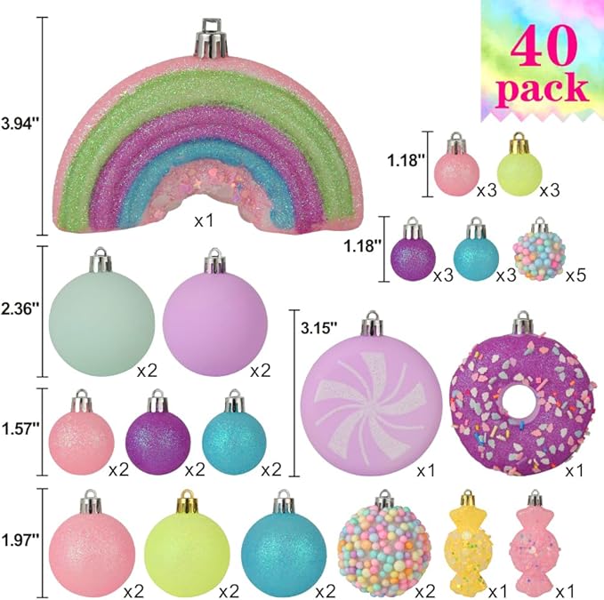 Christmas Tree Ornaments Set - 40 Pack Shatterproof Pink, Yellow, Light Green Xmas Decorations for Home, Holiday Party, Centerpiece, Garland