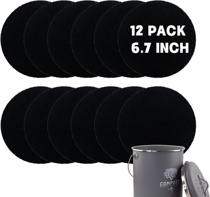 12 Pack - 6.7 Inch Round Compost Bin Charcoal Filters,Extra Thick Activated Carbon Charcoal Filters for Longer Lasting Odor Control, Fits Countertop and Home Bucket Kitchen Compost Bins (Refill)