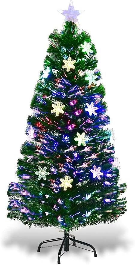 Happygrill 4FT Fiber Optic Artificial Christmas Tree, Pre-lit Xmas Tree Artificial Green Christmas Tree with Star Lights, Metal Stand, Full Xmas Tree for Holiday Decoration