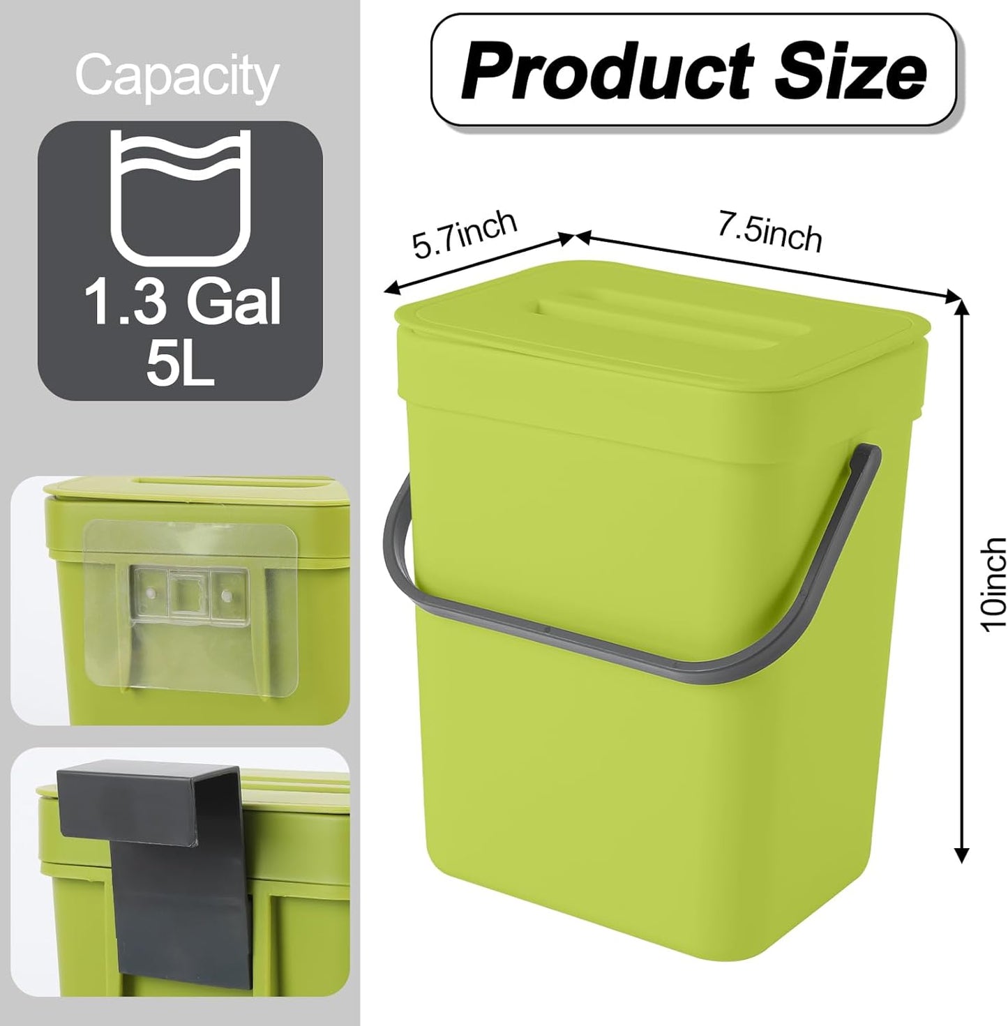 Compost Bin Kitchen, for use on Countertops or Under Sinks, Hanging Trash Can with Lid, for Cupboard/Bathroom/Bedroom/Office/Camping, Mountable Indoor Compost Bucket(Green 1.3 Gallon/5L)