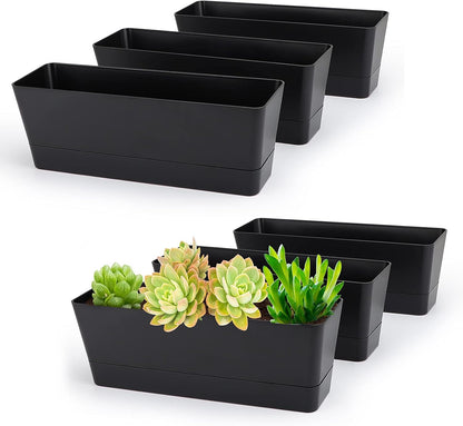 GREANER 6 Pack Herb Planters, 12x3.8 Inch Black Rectangle Window Boxes with Tray, Indoor Succulent Cactus Mint Plastic Pot for Windowsill, Balcony, Office, Outdoor Garden