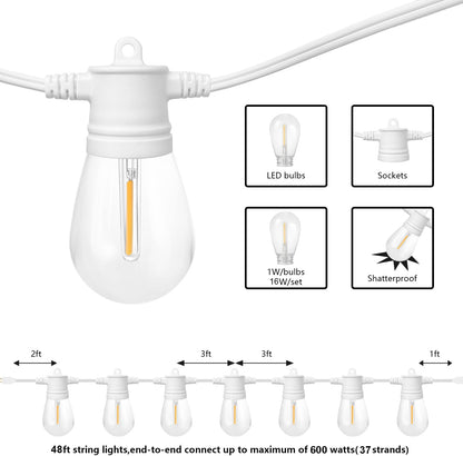 SUNTHIN White String Lights, 144FT(3 Pack 48ft) White Outdoor Lights with Shatterproof LED Bulbs for Patio, Garden, Backyard, Porch, Cafe, Deck, Wedding, Party