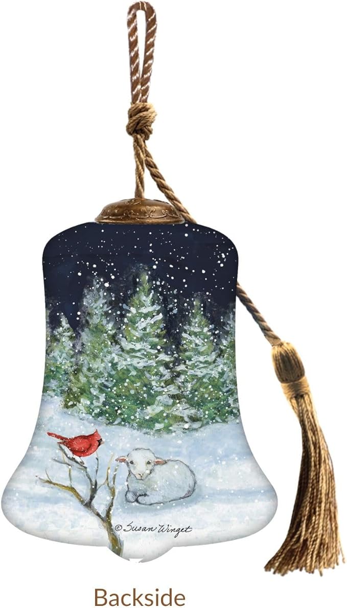 Winter on The Farm Bell Ornament – Reverse Hand-Painted Glass for Christmas Tree – Snowy Barn Scene with Sheep & Cardinal – Christmas Tree Decoration in Satin-Lined Gift Box