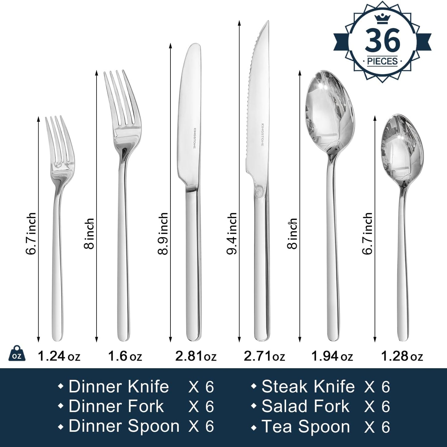 KINGSTONE 36-Piece Silverware Set with Steak Knives, Flatware Set for 6, Stainless Steel Tableware Cutlery Set for Home Restaurant, Mirror Finish,Modern Design