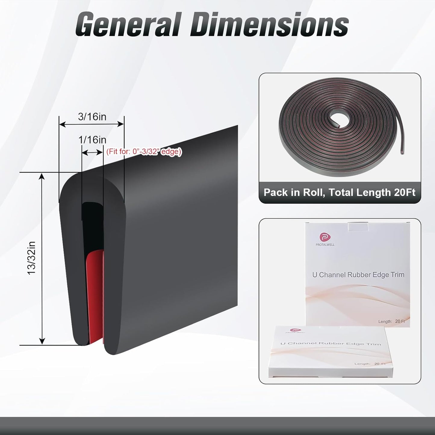 Edge Trim, 1/16" Rubber Edge Trim, Flexible Self Adhesive U Channel Edge Protector for Sharp Edge, Sheet Metal and Car Doors, Peel and Stick Car Door Edge Guard, Black Color, 20Ft