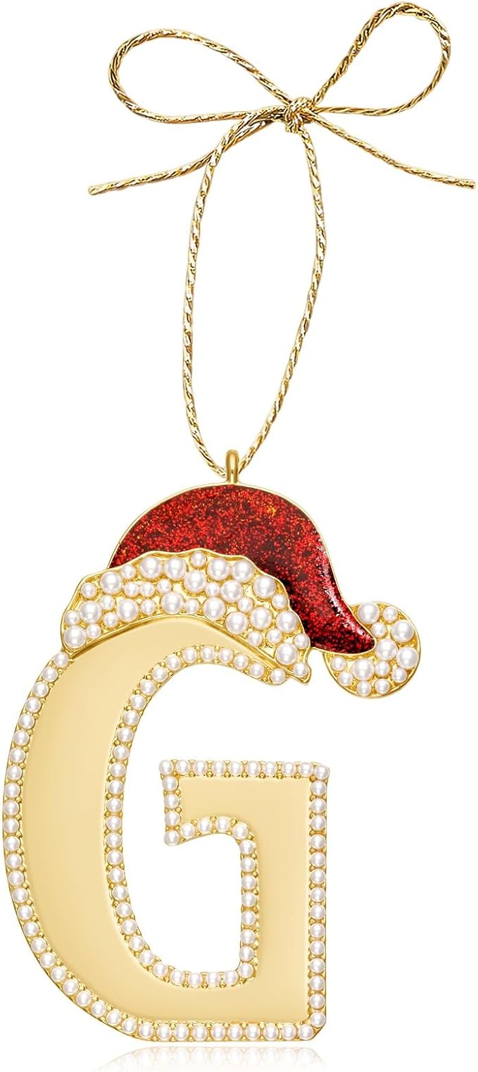 2025 Christmas Ornaments, Letter G Ornaments for Xmas Tree, Hanging Christmas Red Hat Ornament for Mother Best Friends Sister Wife|G-Letter Ornament