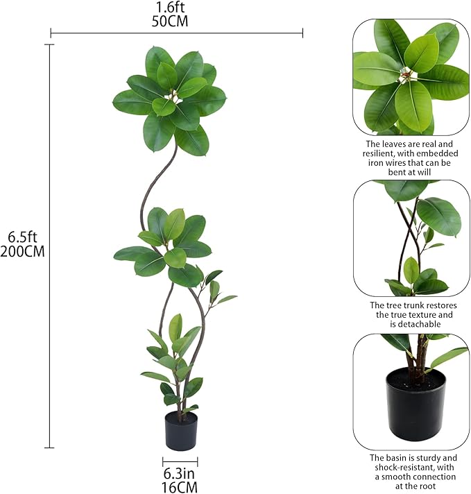 Artificial Rubber Tree Plant, 78 Inch Indoor Tree, Black with Round Planter, All Season Home Decor (Green,6.5ft)