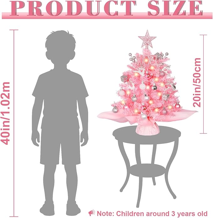 Wangchao Craft 20" Mini Pink Christmas Tree, Artificial Small Table Top Warm Lights, Star Treetop and Ornaments, Tabletop Christmas Tree for DIY Pink Christmas Decoration Gifts