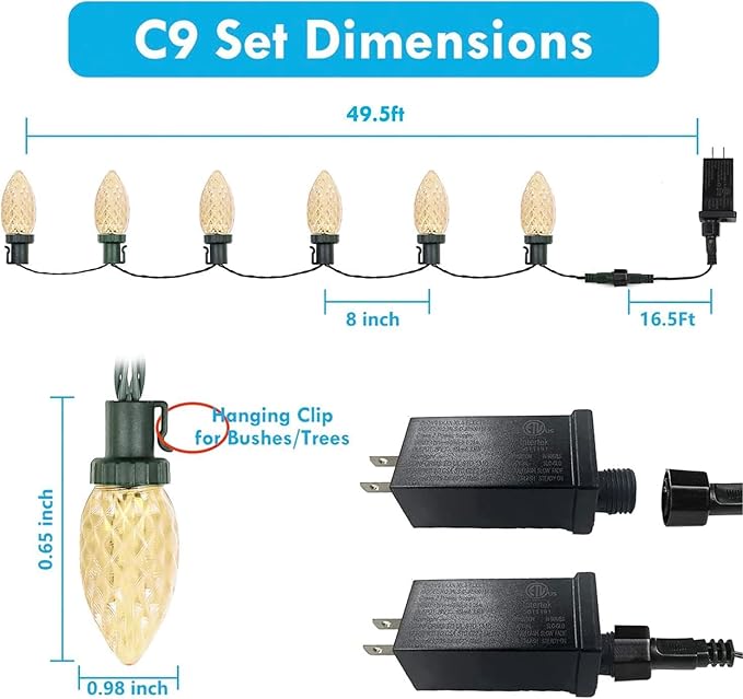 KAQ 2PK 100LED Warm White C9 Christmas Lights Waterproof Indoor Outdoor, 98FT Extendable C9 String Lights Plug in with 13 Lighting Modes, Christmas Decorations for Party Patio, Outside Yard Decor