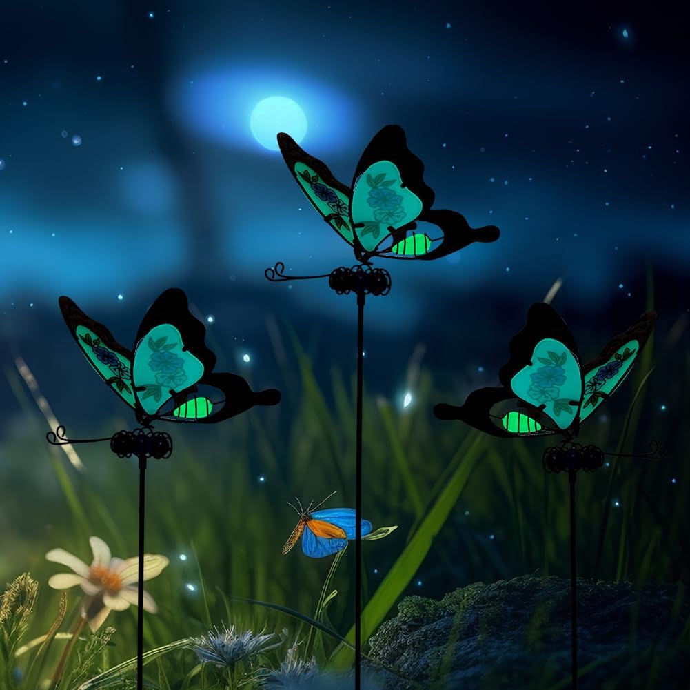 Butterfly Garden Stakes Decorative 3 Pack Yard Decorations Outdoor,Butterflies Garden Kit Glow in The Dark Metal Yard Art Patio Spring Outdoor Decor