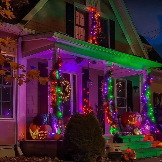 Dazzle Bright 200 LED Halloween Mini String Lights, 65 FT Connectable Waterproof 8 Modes Fairy Lights for Indoor Outdoor Patio Garden Holiday Party Decorations (Purple & Orange & Green)