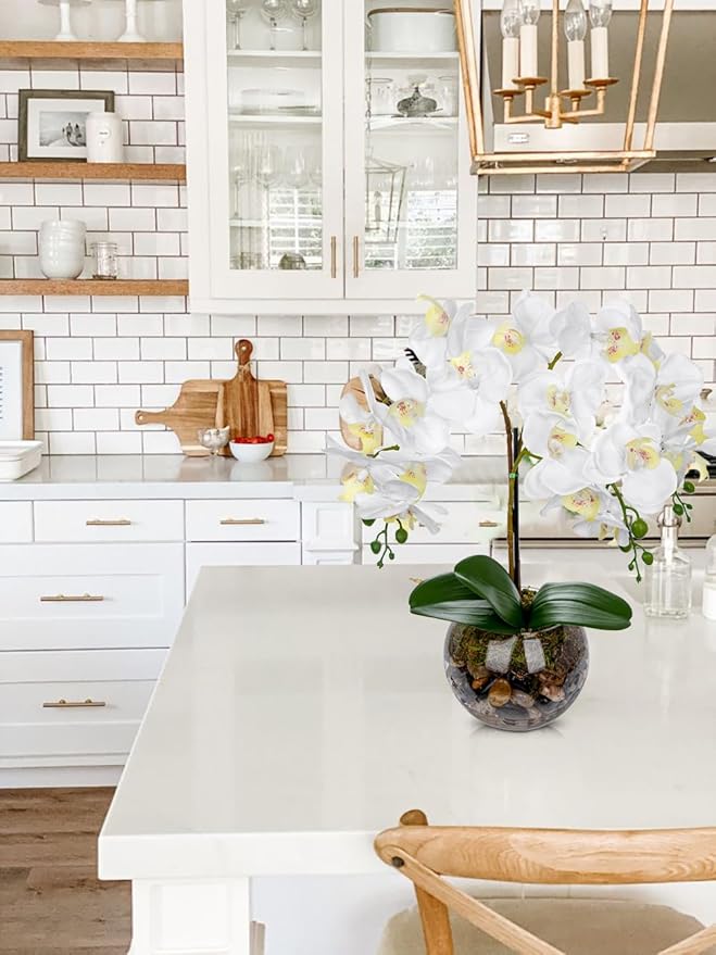 White Orchids Artificial Flowers 16.5" Faux Orchids Plant in Pot Fake Flower Arrangements with Glass Vases White Centerpieces for Kitchen Dining Room Tables Bathroom Nightstand Shelf Desk Decor