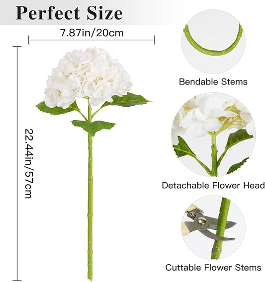Nubry 22.44In White Hydrangea Artificial Flowers,4Pcs Latex Faux Real Touch Large Hydrangea Flowers with Long Stems & Leaves for Home Office Decor Wedding Party Arrangements(White)
