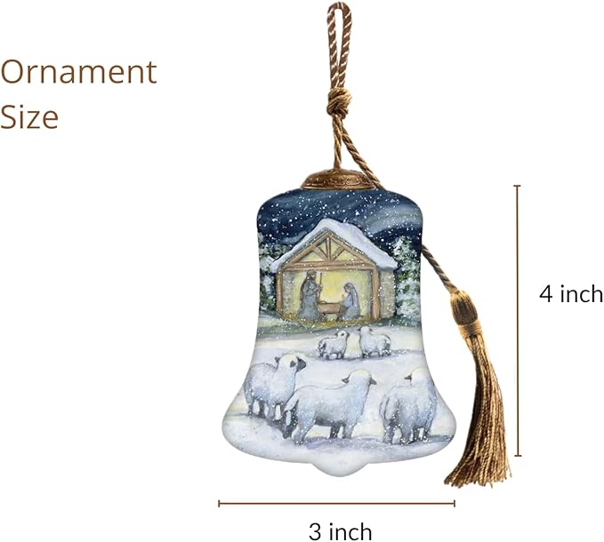 Nativity Bell Christmas Ornament–Hand-Painted Glass Bell with Holy Family & Sheep – Christian Nativity Scene Ornament – Religious Christmas Tree Decoration & Gift
