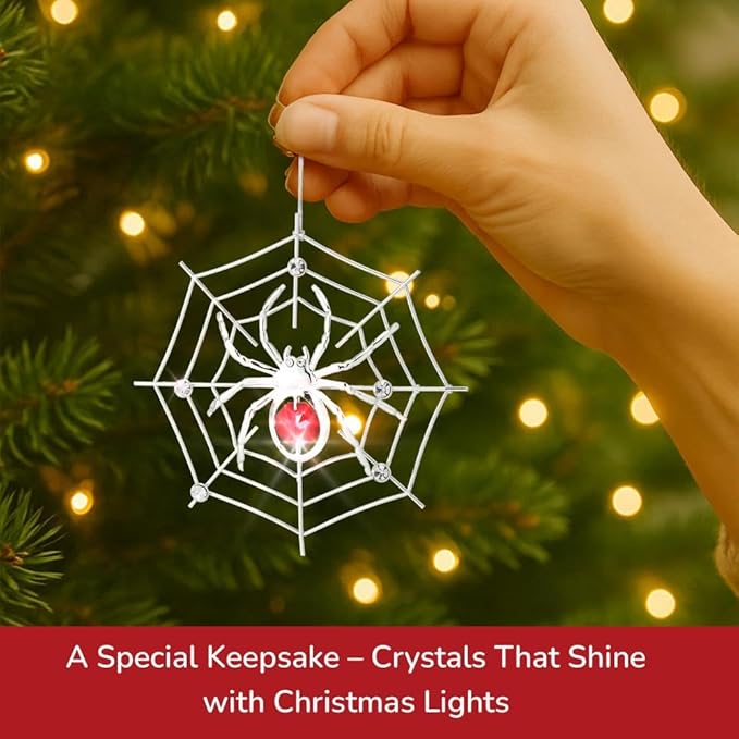 Matashi Silver Plated Christmas Tree Spider Ornament w Red, Clear Crystals Lucky Hanging Decoration, Holiday Ornament Gift, Unique Spider Decor for Christmas & Halloween Party w Tinsel Legend Story