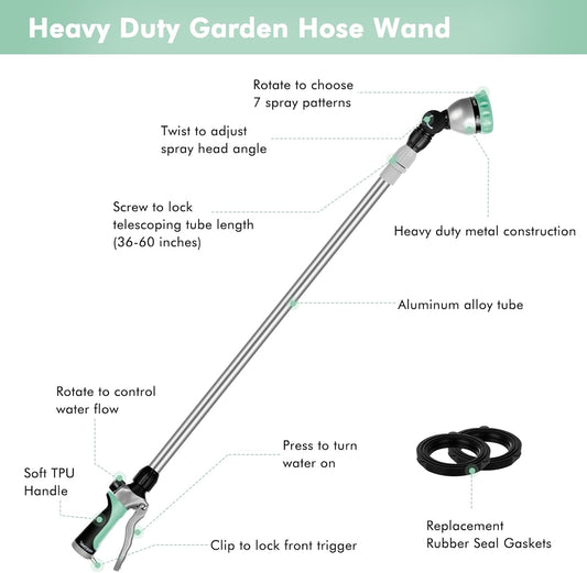 RESTMO 36”-60” Metal Watering Wand, Long Telescopic Tube | 180° Adjustable Ratcheting Head | 7 Spray Patterns | Flow Control, Garden Hose Sprayer to Water Hanging Baskets, Shrubs, Cyan
