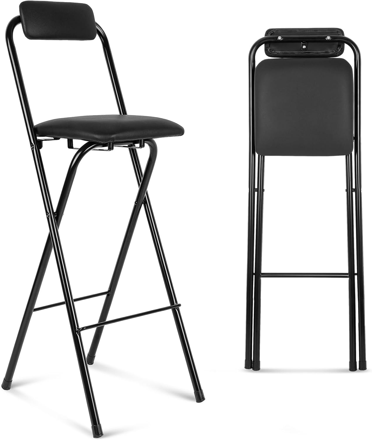 Thyle 1 Pcs Folding Bar Stool with Backrest, Tall Foldable Stool Chair Portable High Folding Bar Chair Counter Height Seat Leather Padded for Kitchen Island Shop Cafe Dining Room Black (29.5 Inch)