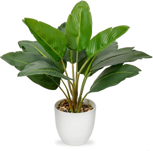 Hollyone Artificial Bird of Paradise Plant in Pot, Fake Palm Tropical Potted Plant 15" Faux Plantain Banana Leaf Plant for Indoor Outdoor Home Desk Office Garden Decoration