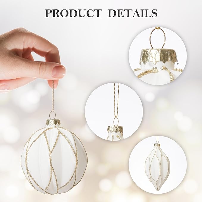 WDS WONDROUS Christmas Ball Ornaments, Vintage Ball & Teardrop Xmas Tree Ornament Set, Hanging Assorted Glass Balls for Holiday Home Party Decor (9Pcs, White & Gold Line)
