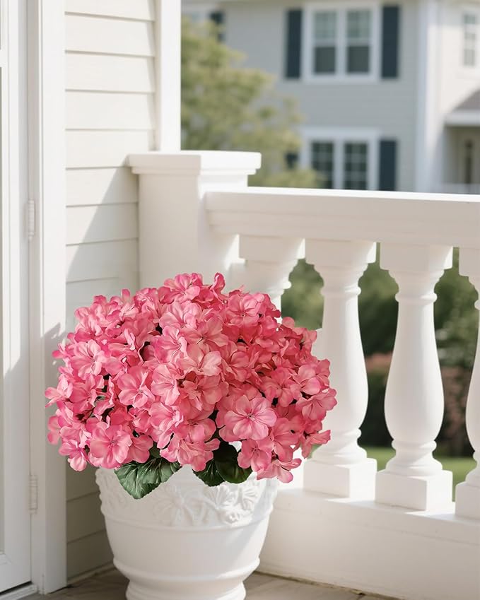 6 Bundles Faux Geranium Flowers Outdoor UV Resistant Pink Silk Artificial Geraniums, Perfect for Garden Plants, Home & Kitchen Table Centerpieces Deco, Porch, Patio, Yard & Balcony.