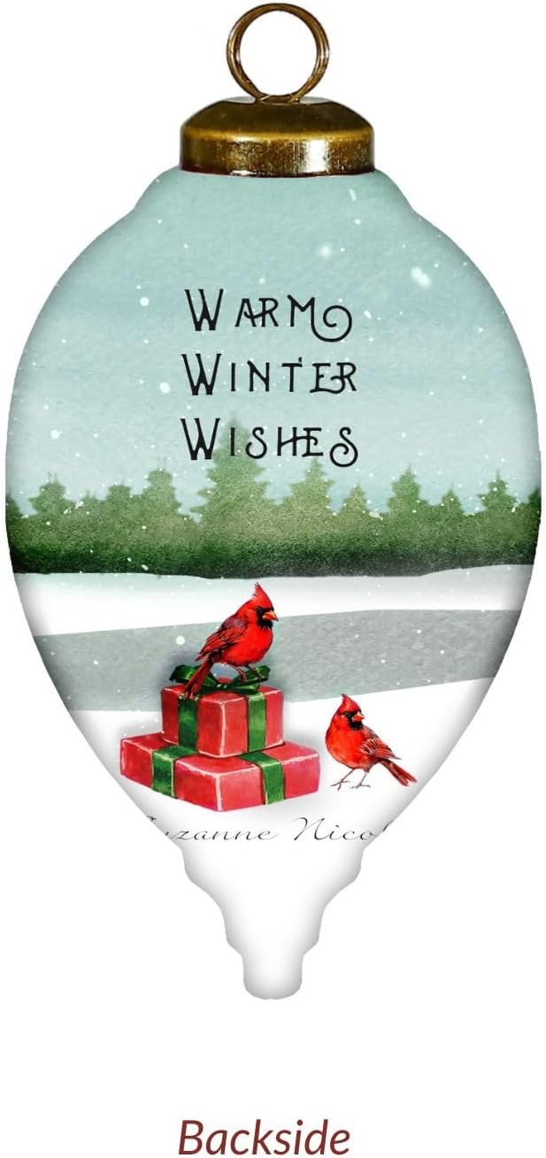 Glass Fox Ornament – Woodland Christmas Decoration with Santa Hat, Cardinals & Gifts – “Warm Winter Wishes” Collectible – Fox Gift for Nature Lovers – 4.5” Teardrop Ornament with Gift Box
