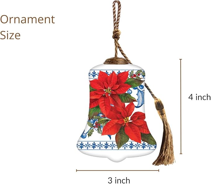 Poinsettia Ornament – Hand-Painted Glass Bell Christmas Ornament – Blue and White Holiday Design – Poinsettia Ornaments for Christmas Tree