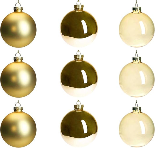 DN DECONATION Gold Glass Christmas Ornaments, Set of 9, 3.15' Hanging Christmas Baubles for Xmas Tree Decoration, Wedding Party Gift