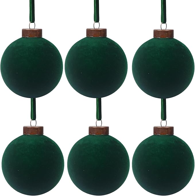 6 Pcs Velvet Christmas Balls Bulk Shatterproof Plastic Christmas Tree Decorations for Decorative Hanging Baubles (6, Blackish Green, 3.94Inch)