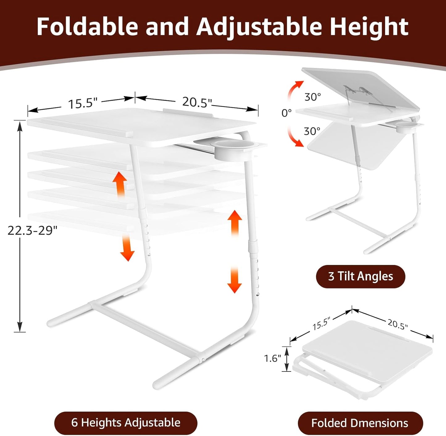 TV Trays Set of 2 - Folding TV Tray Adjustable Dinner Trays for Eating On Couch Wooden Tables Mate Stand Foldable White Desk with Cup Holder Portable