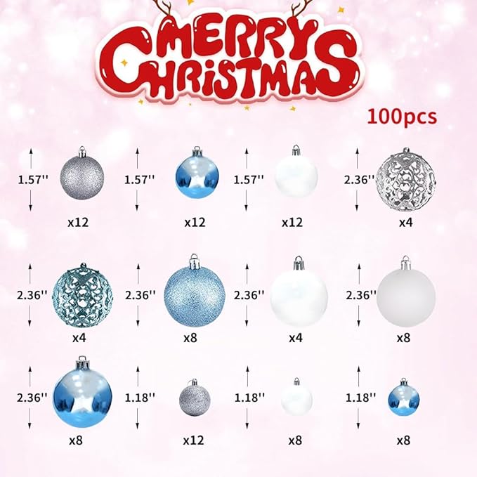 100-Pack Christmas Ball Ornaments for Tree,Shatterproof Plastic Holiday Baubles Set in Assorted Sizes and Finishes, Christmas Tree Decorations for Home, Office, Party, Indoor Outdoor Use